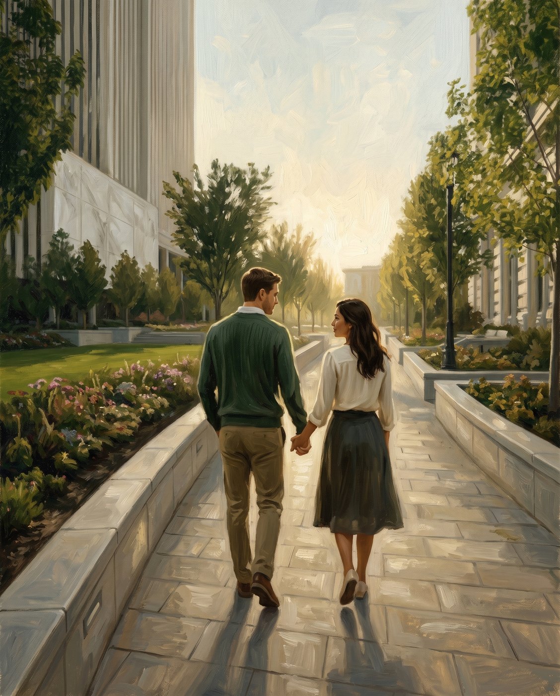 An oil painting of a couple walking hand in hand